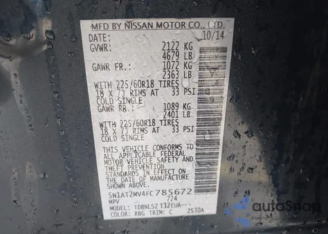 2015 Nissan Rogue Sl z USA, uszkodzony, nr VIN 5N1AT2MV4FC785672